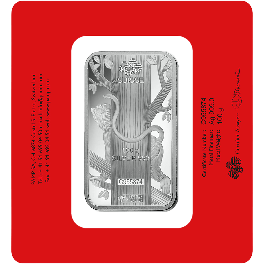 100 gram Silver Bar - PAMP Suisse Lunar Monkey  thumbnail 2