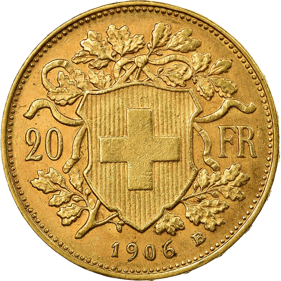 1906 Helvetia Vreneli  Gold Coin - 20 Swiss Francs thumbnail 2
