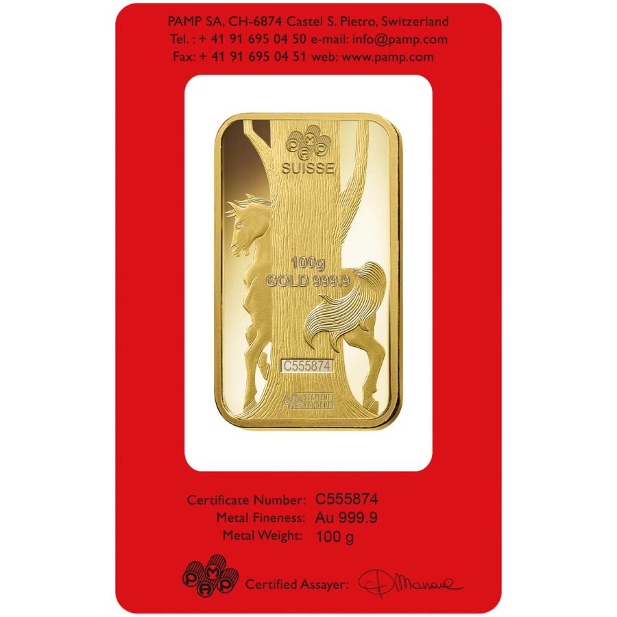  100 gram Gold Bar - PAMP Suisse Lunar Horse thumbnail 2