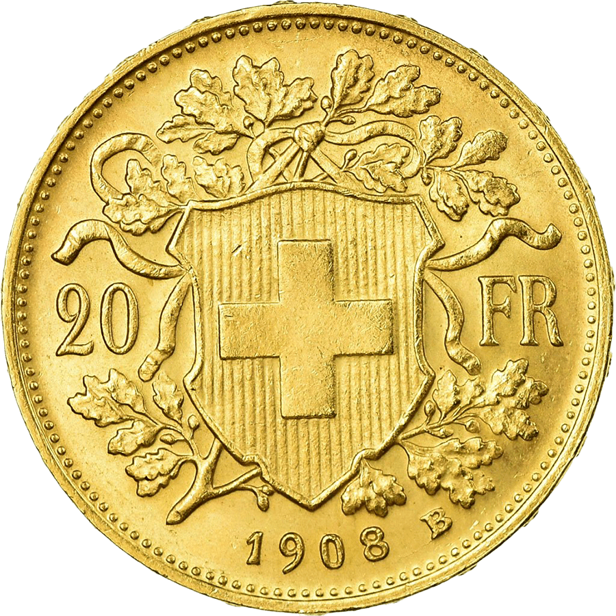 1908 Helvetia Vreneli  Gold Coin - 20 Swiss Francs thumbnail 2