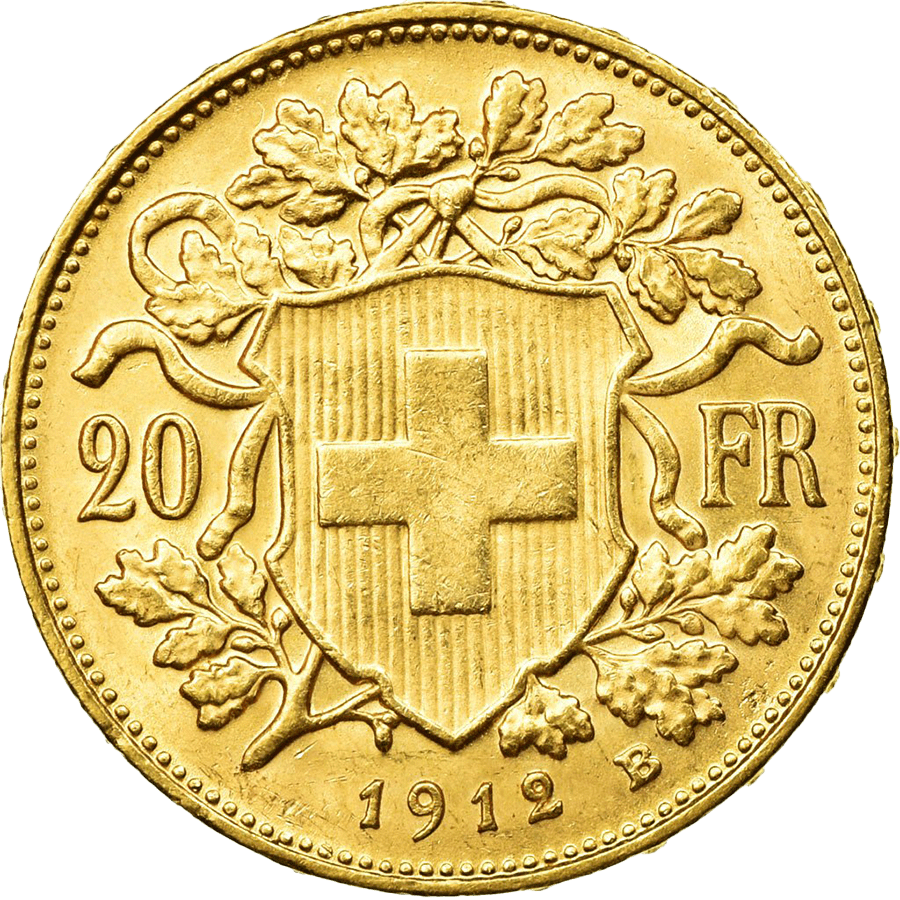 1912 Helvetia Vreneli  Gold Coin - 20 Swiss Francs thumbnail 2