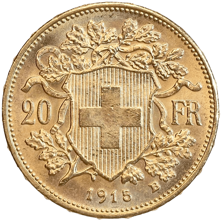 1915 Helvetia Vreneli  Gold Coin - 20 Swiss Francs thumbnail 2