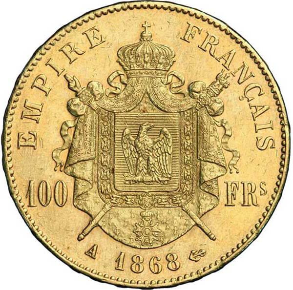 Fine Gold Coin 900.0 - 100 Francs Napoleon III Tête Laurée 1868 A thumbnail 2