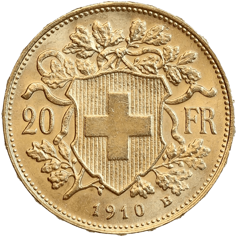1910 Helvetia Vreneli  Gold Coin - 20 Swiss Francs thumbnail 2