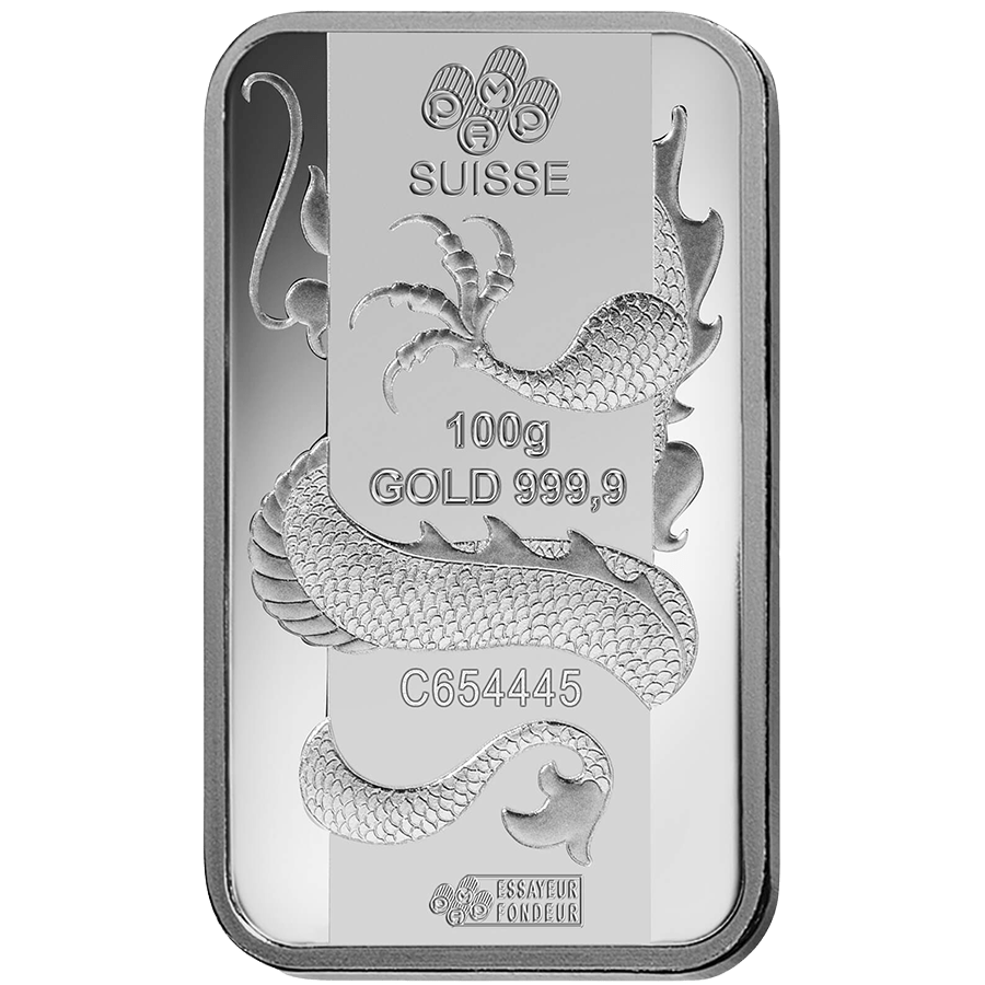100 gram Fine Silver Bar 999.0 - PAMP Suisse Lunar Dragon 2012 thumbnail 3