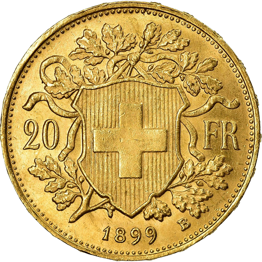 1899 Helvetia Vreneli Gold Coin - 20 Swiss Francs  thumbnail 2