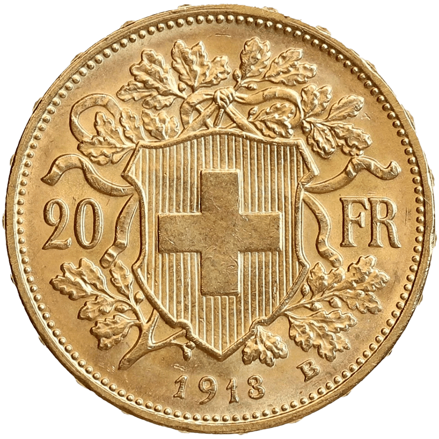 1913 Helvetia Vreneli  Gold Coin - 20 Swiss Francs thumbnail 2