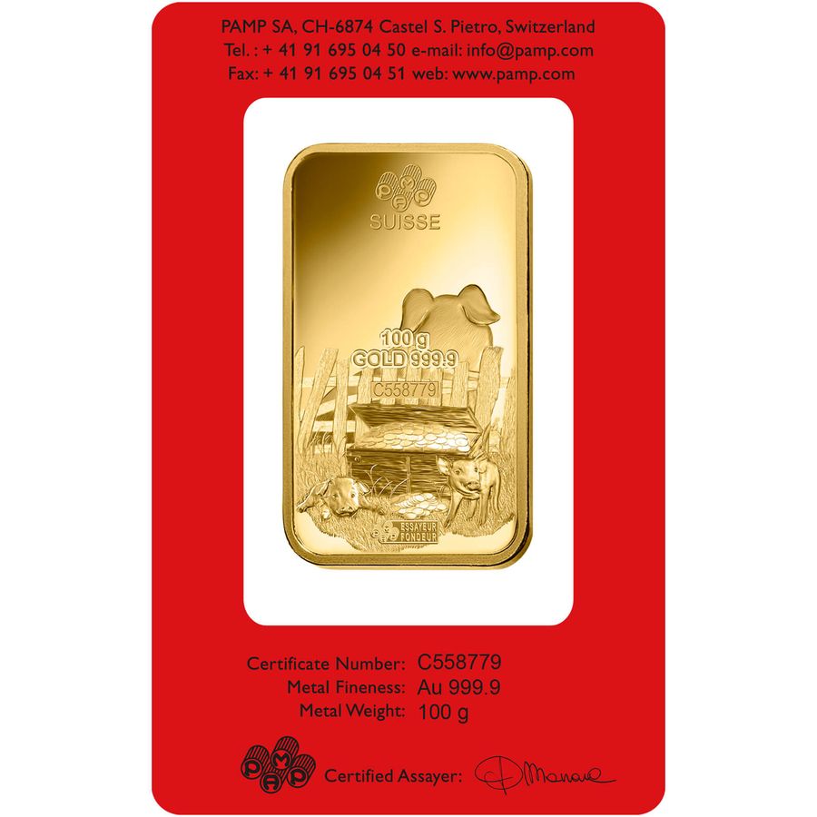 100 gram Gold Bar - PAMP Suisse Lunar Pig thumbnail 2