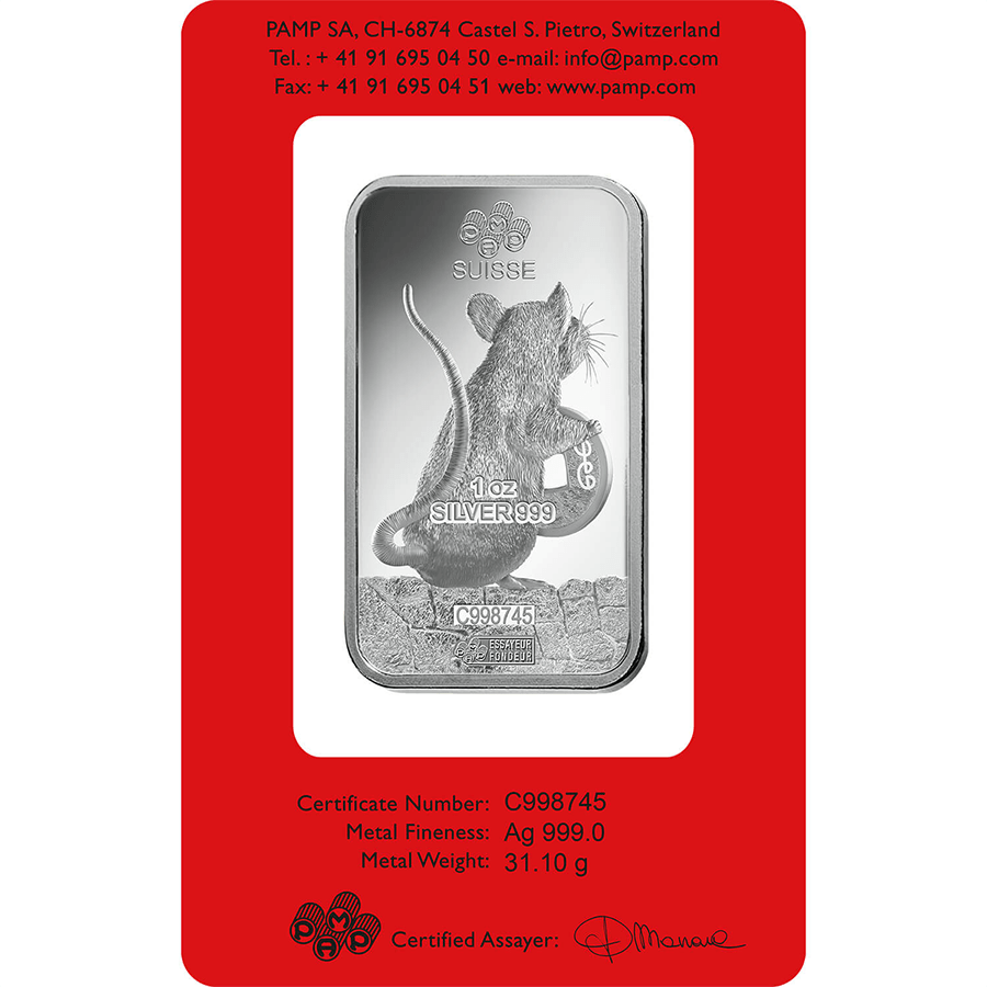 1 ounce Silver Bar - PAMP Suisse Lunar Rat thumbnail 2