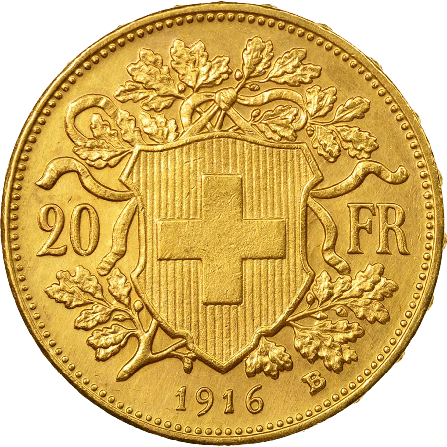 1916 Helvetia Vreneli  Gold Coin - 20 Swiss Francs thumbnail 2