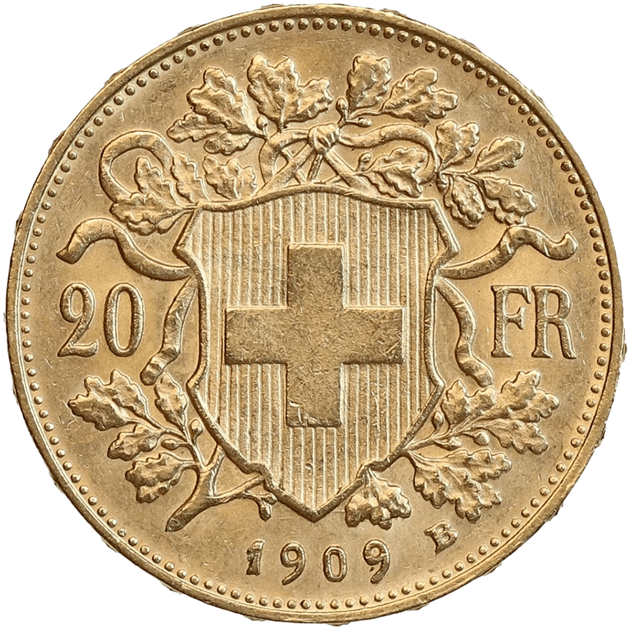 1909 Helvetia Vreneli  Gold Coin - 20 Swiss Francs thumbnail 2