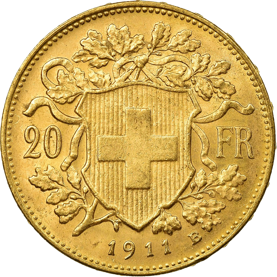 1911 Helvetia Vreneli  Gold Coin - 20 Swiss Francs thumbnail 2