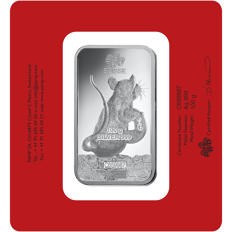 100 gram Silver Bar - PAMP Suisse Lunar Rat thumbnail 2