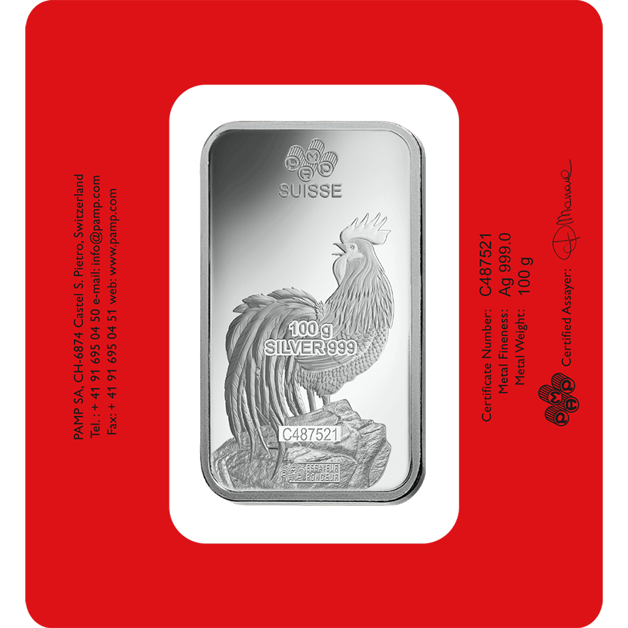 100 gram Silver Bar - PAMP Suisse Lunar Rooster thumbnail 2
