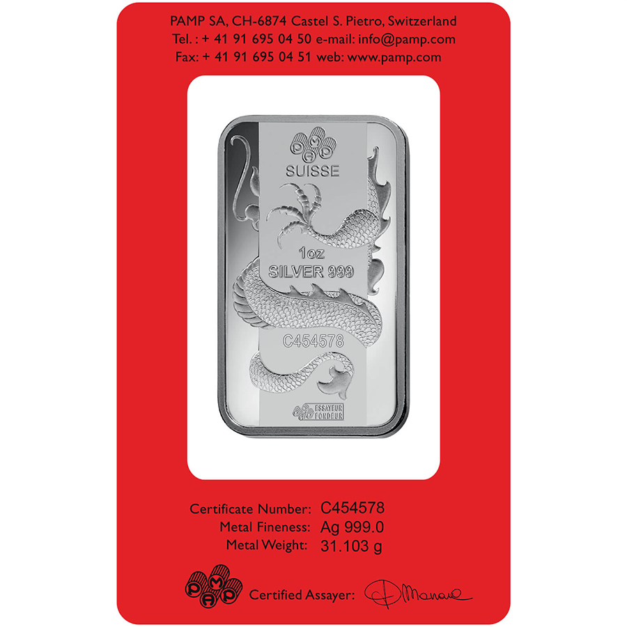 1 ounce Silver Bar - PAMP Suisse Lunar Dragon 2012 thumbnail 2