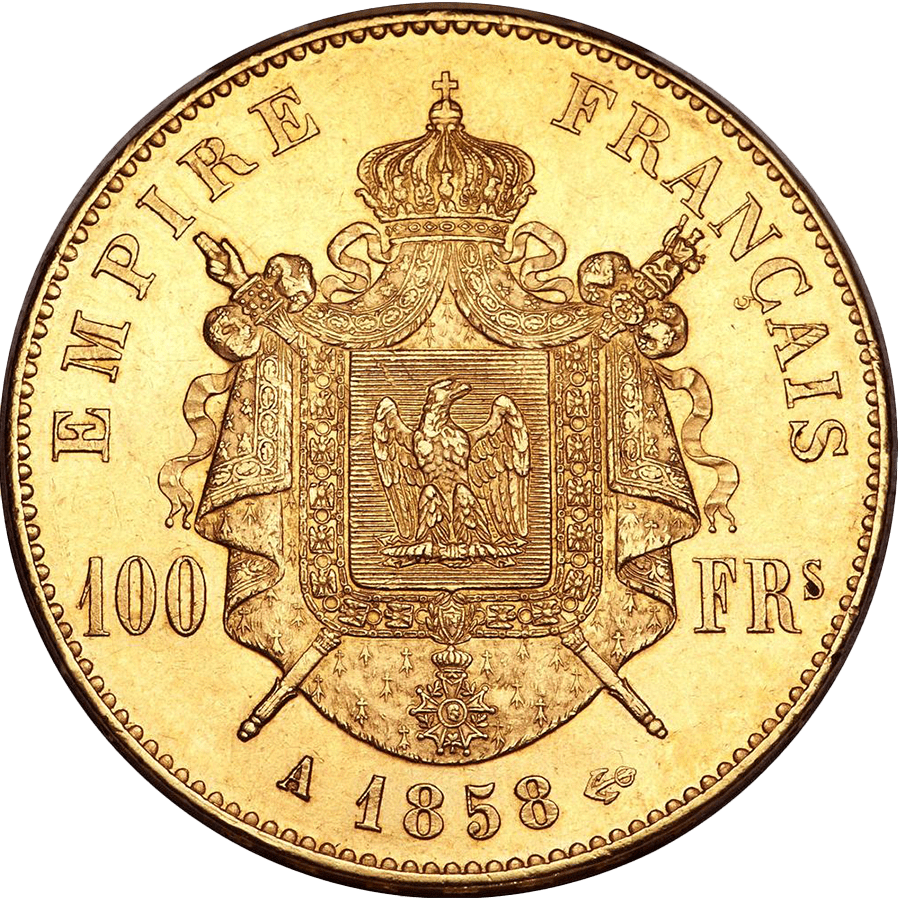 100 French Francs Gold Coin - 1855-1859 Napoleon III thumbnail 2