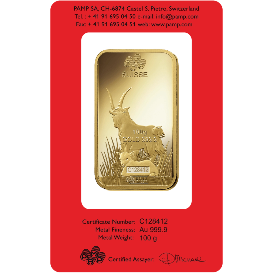 100 gram Gold Bar - PAMP Suisse Lunar Goat thumbnail 2