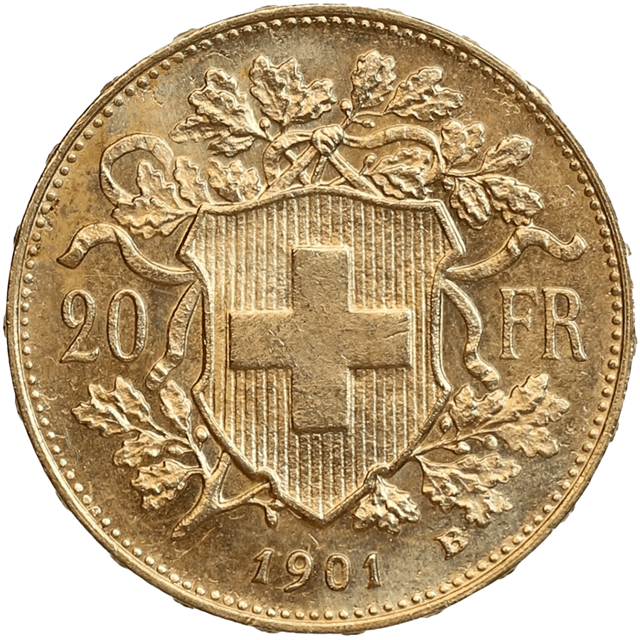 1901 Helvetia Vreneli Gold Coin - 20 Swiss Francs thumbnail 2