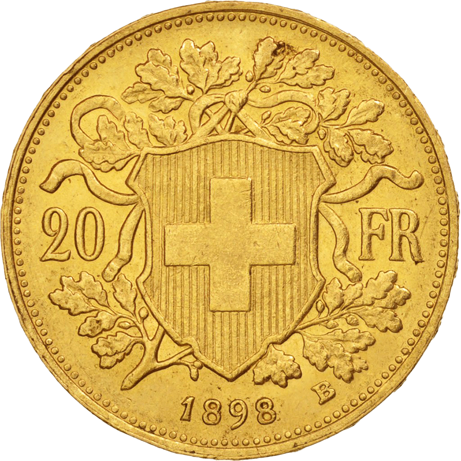 1898 Helvetia Vreneli Gold Coin - 20 Swiss Francs  thumbnail 2