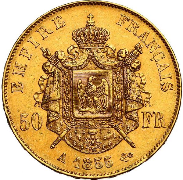 50 Francs Gold Coin - Napoleon III Tête Nue 1855 A Paris thumbnail 2