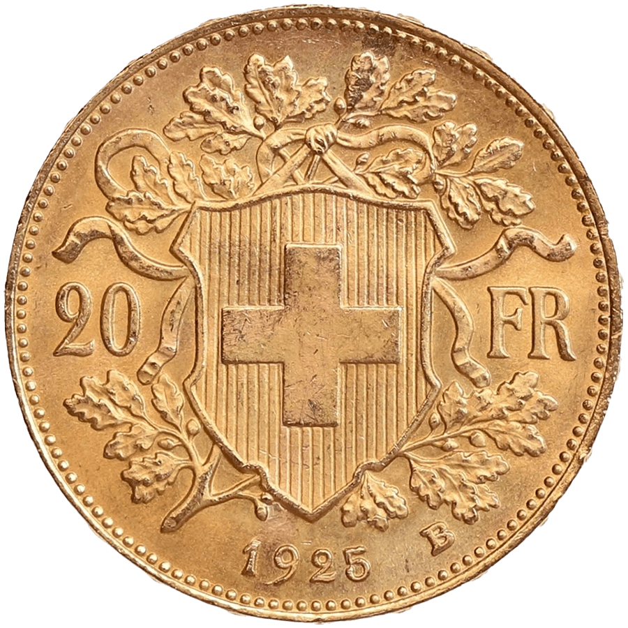 1925 Helvetia Vreneli  Gold Coin - 20 Swiss Francs thumbnail 2