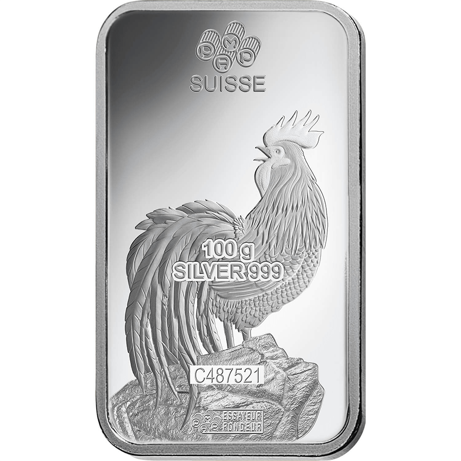 100 gram Silver Bar - PAMP Suisse Lunar Rooster thumbnail 4