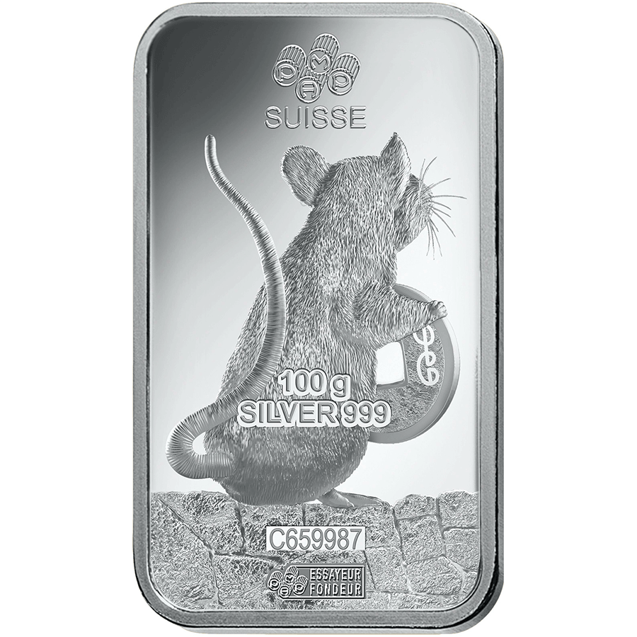100 gram Silver Bar - PAMP Suisse Lunar Rat thumbnail 4