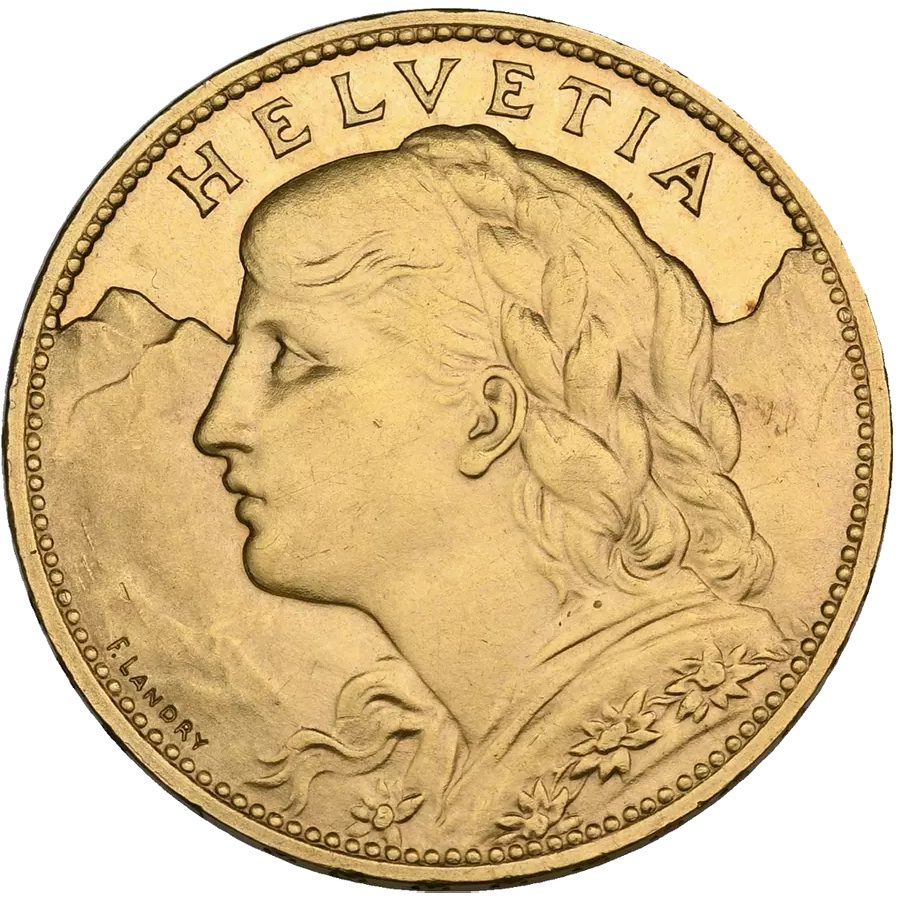 1925 Helvetia Vreneli Gold Coin - MS-63 NGC - 100 Swiss Francs thumbnail 2