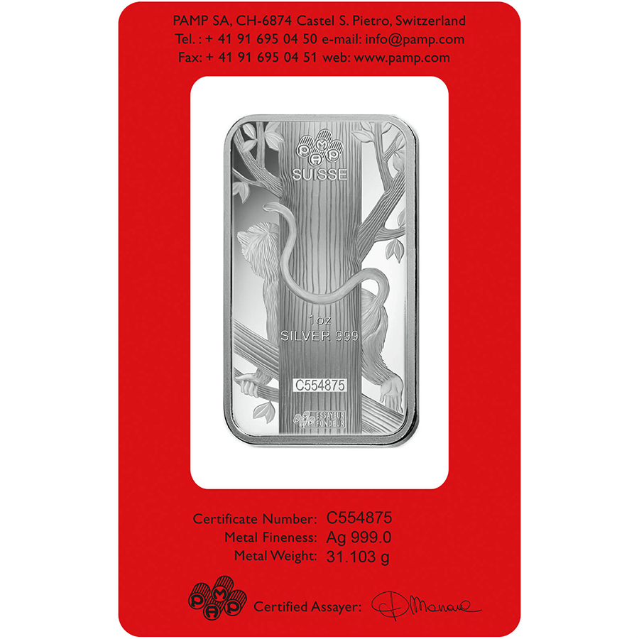 1 ounce Silver Bar- PAMP Suisse Lunar Monkey thumbnail 2
