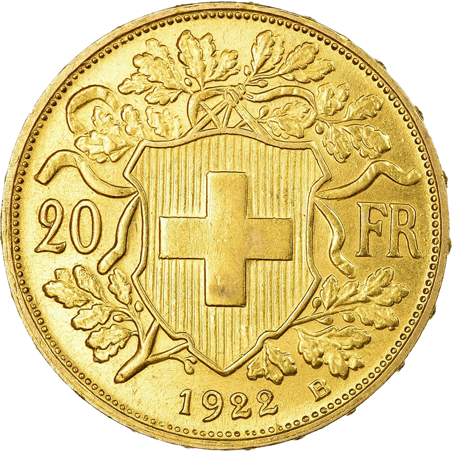 1922 Helvetia Vreneli  Gold Coin - 20 Swiss Francs thumbnail 2