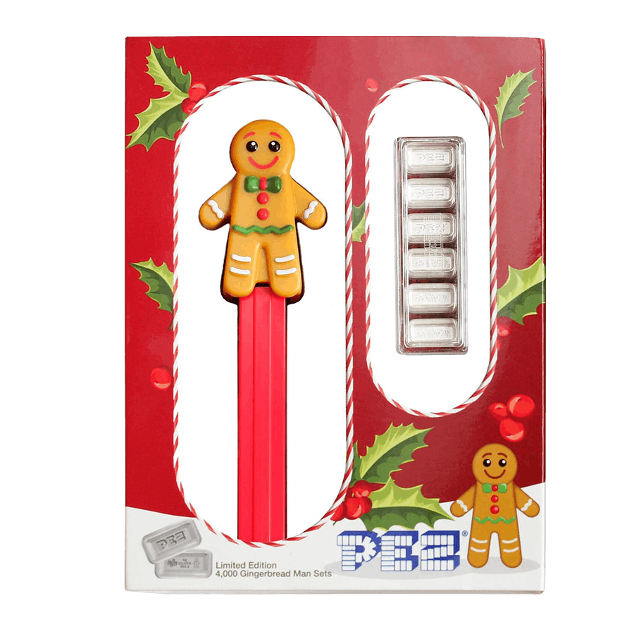 6x5 gram PEZ Gingerbread Man Silver Wafers & Dispenser — photo 1