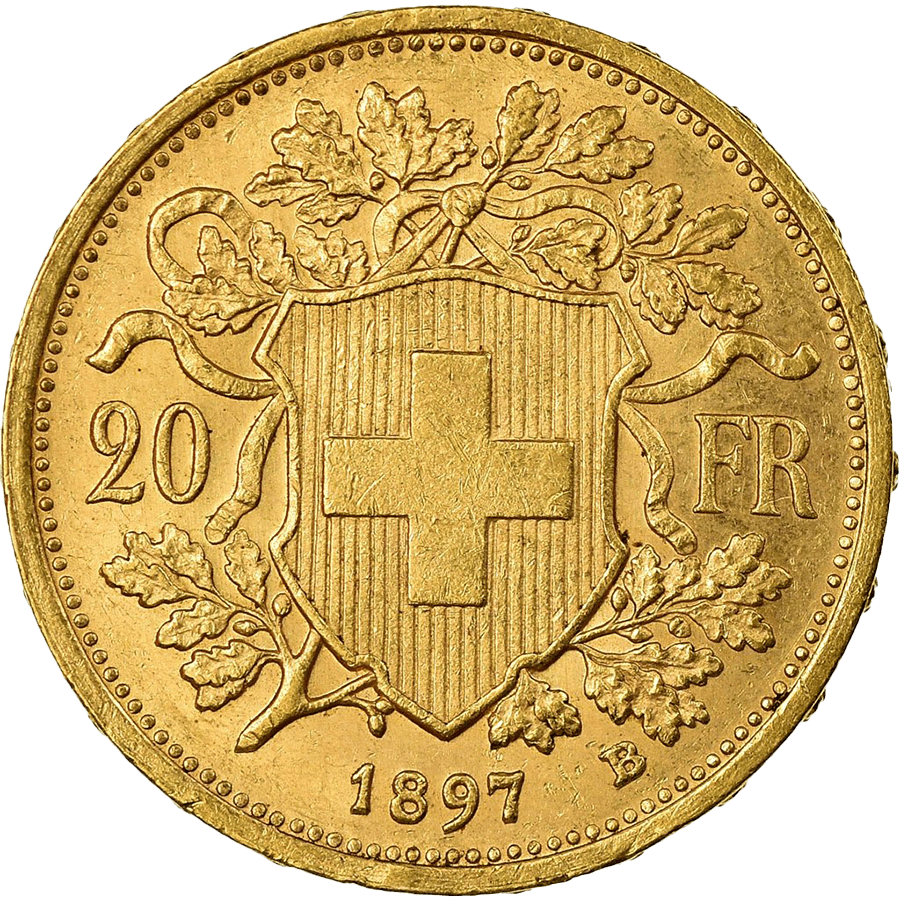 1897 Helvetia Vreneli Gold Coin - 20 Swiss Francs thumbnail 2