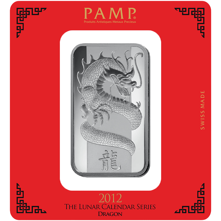 100 gram Fine Silver Bar 999.0 - PAMP Suisse Lunar Dragon 2012 — photo 1
