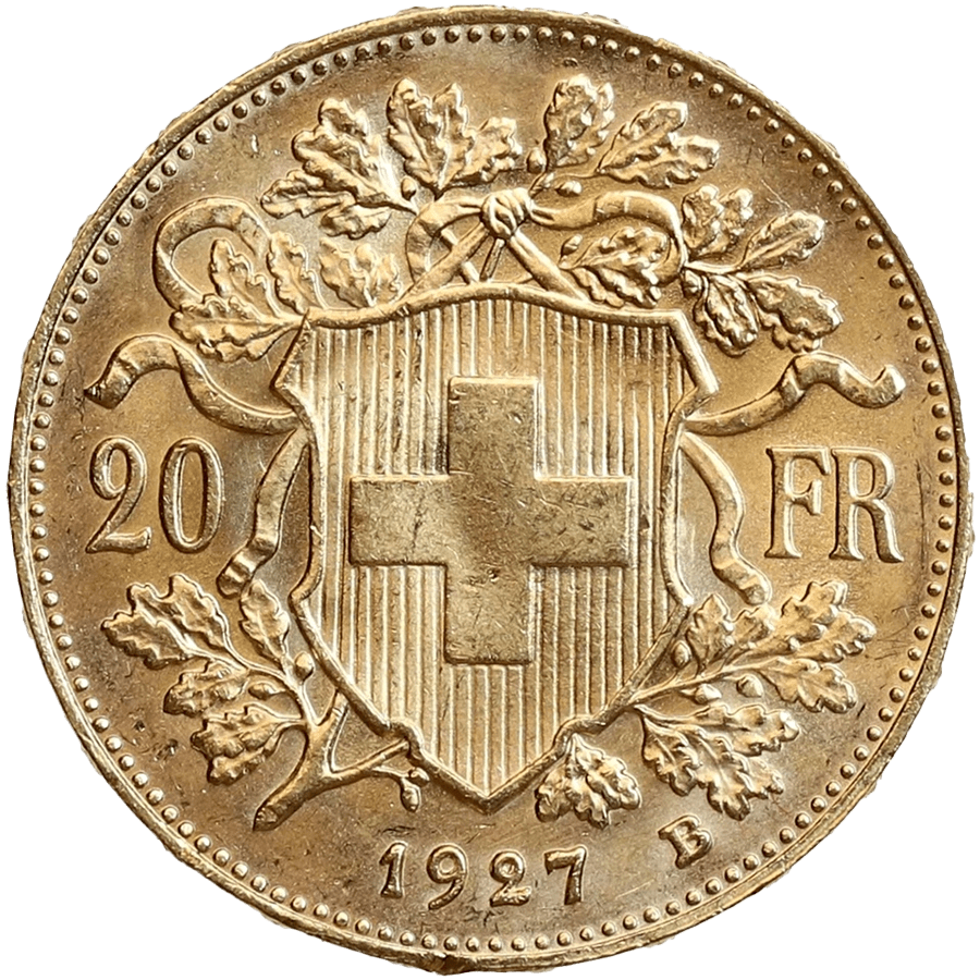 1927 Helvetia Vreneli  Gold Coin - 20 Swiss Francs thumbnail 2