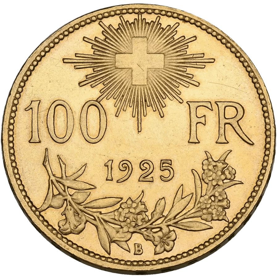 1925 Helvetia Vreneli Gold Coin - MS-63 NGC - 100 Swiss Francs thumbnail 3