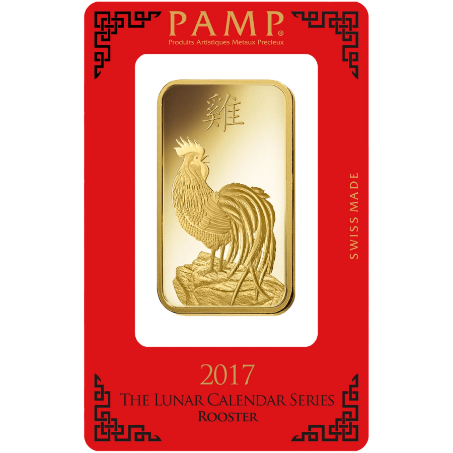 100 gram Gold Bar - PAMP Suisse Lunar Rooster  — photo 1
