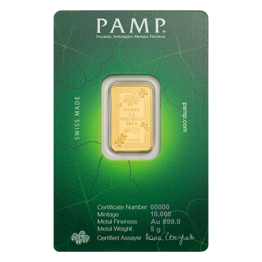 5 gram Gold Bar - Lucky Charm Four-Leaf Clover  thumbnail 2