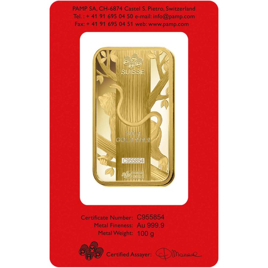 100 gram Gold Bar - PAMP Suisse Lunar Monkey thumbnail 2
