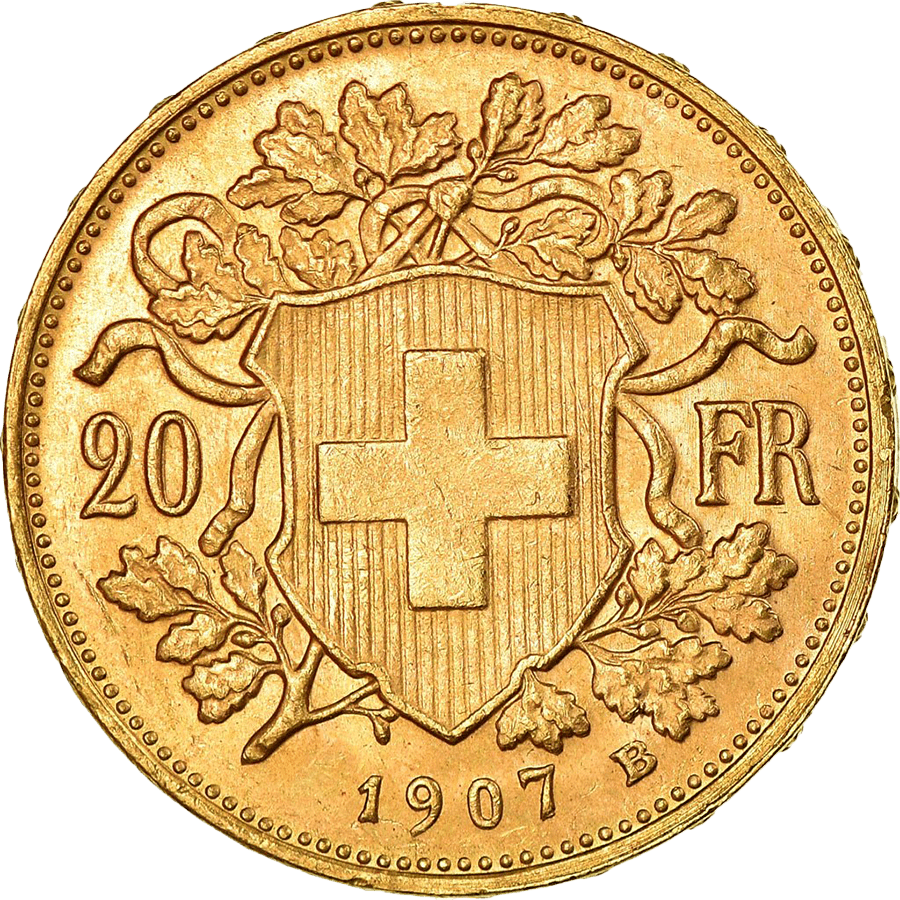 1907 Helvetia Vreneli  Gold Coin - 20 Swiss Francs thumbnail 2