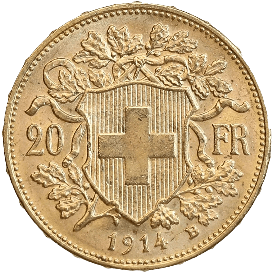 1914 Helvetia Vreneli  Gold Coin - 20 Swiss Francs thumbnail 2