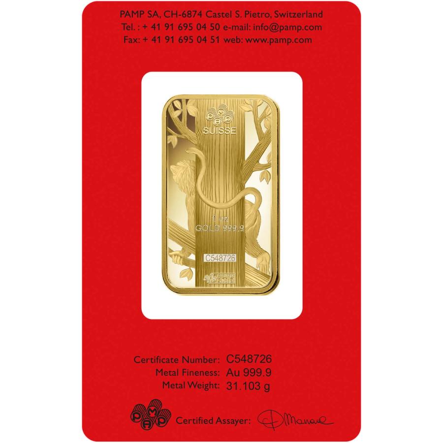 1 ounce Gold Bar - PAMP Suisse Lunar Monkey thumbnail 2