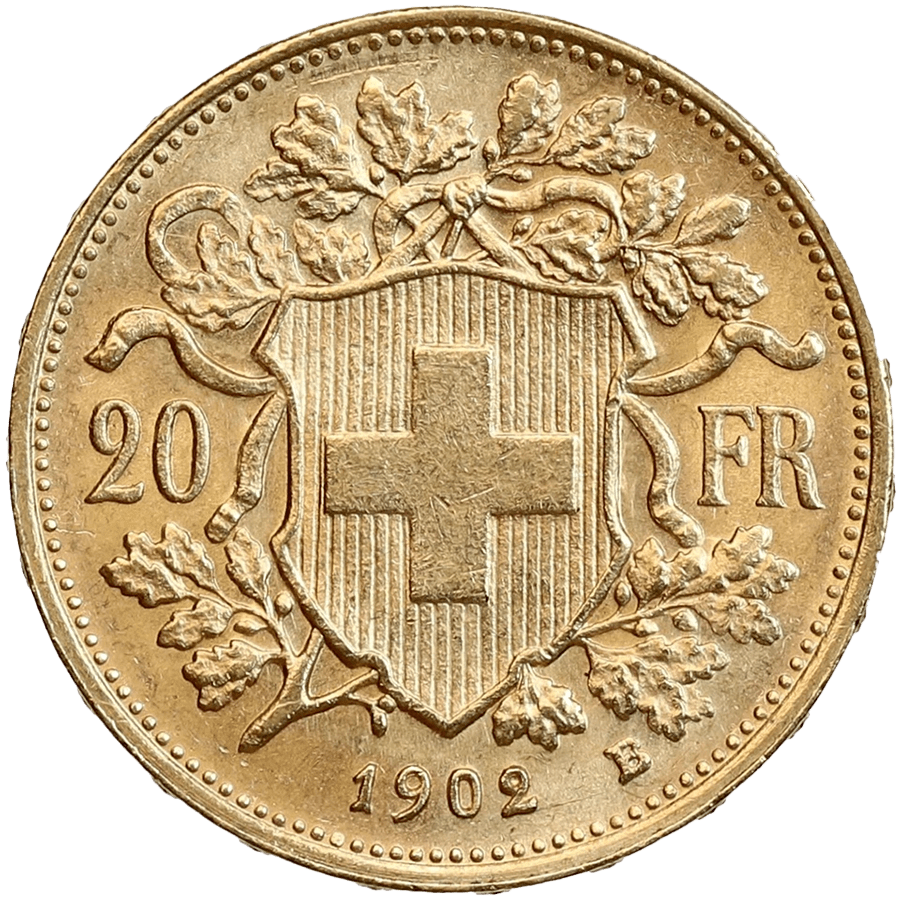 1902 Helvetia Vreneli Gold Coin - 20 Swiss Francs thumbnail 2