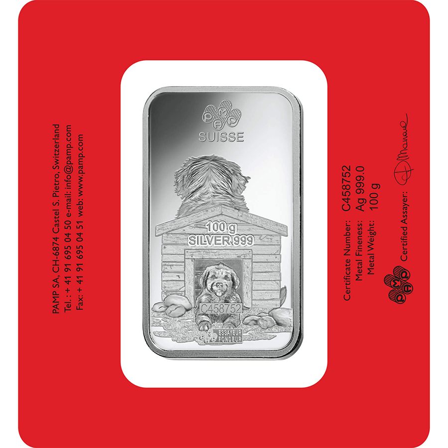 100 gram Silver Bar  - PAMP Suisse Lunar Dog thumbnail 2