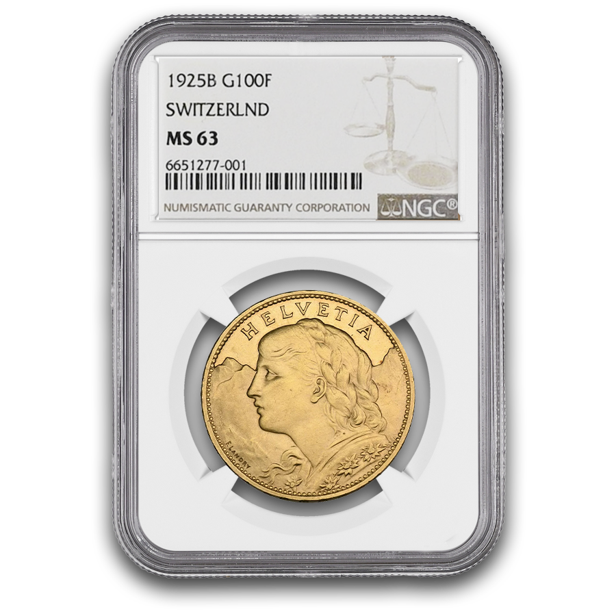 1925 Helvetia Vreneli Gold Coin - MS-63 NGC - 100 Swiss Francs — photo 1