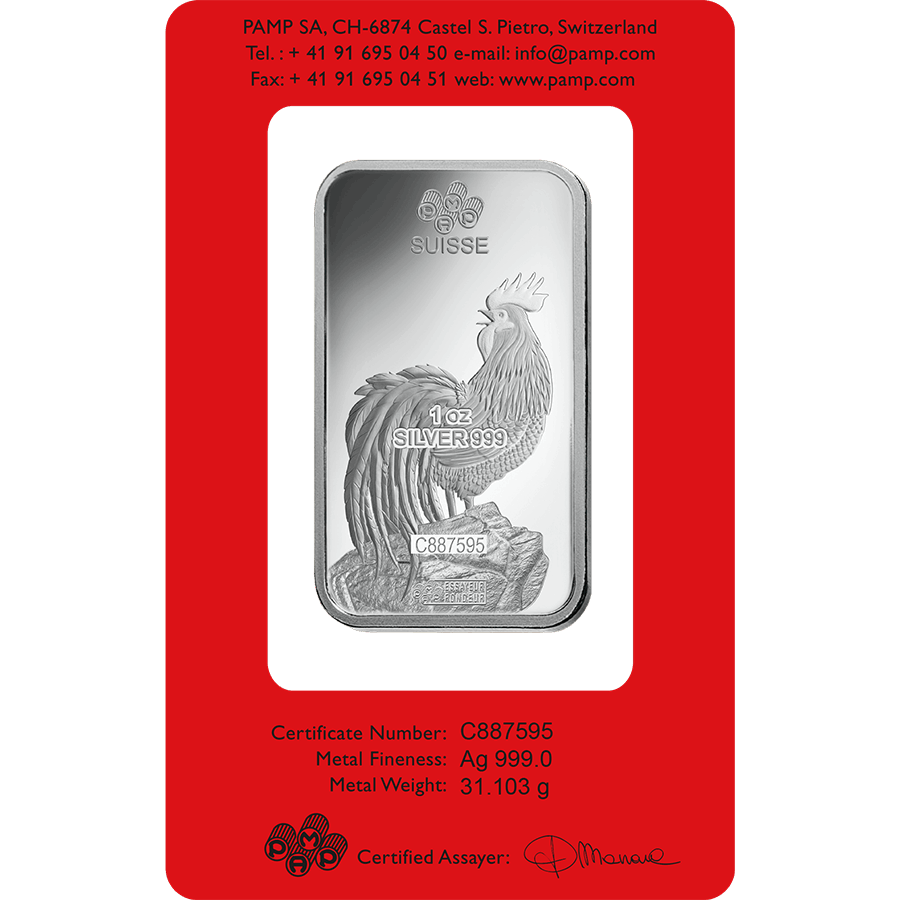 1 ounce Silver Bar - PAMP Suisse Lunar Rooster thumbnail 2