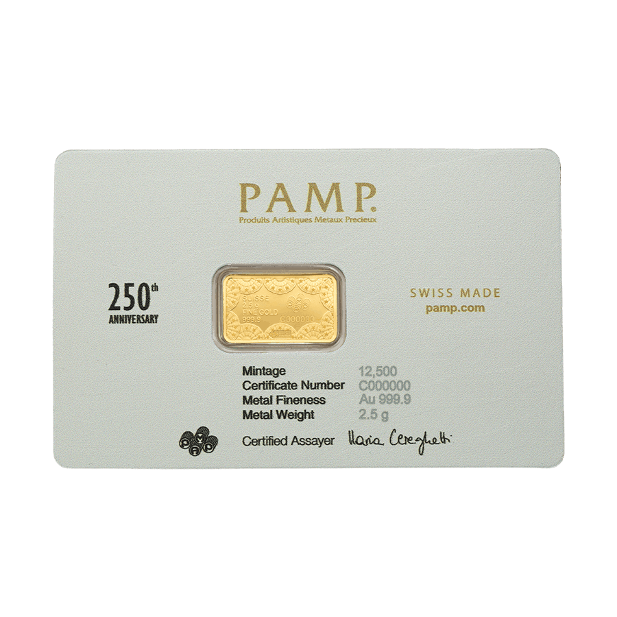 2.5 gram Gold Bar - Heraldic Bald Eagle - 250th Anniversary of the USA thumbnail 2