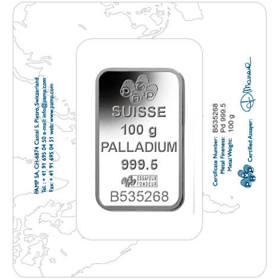 100 gram Fine Palladium Bar 999.5 - PAMP Suisse Lady Fortuna thumbnail 2