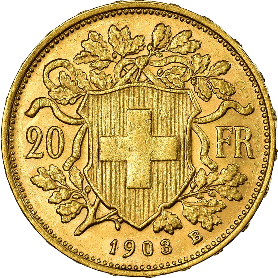 1903 Helvetia Vreneli Gold Coin - 20 Swiss Francs  thumbnail 2